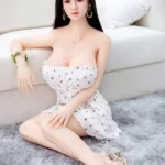 158cm 5ft2 Straight Black Long Hair On The Sofa In A White Polka Dot Dress
