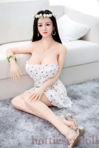 158cm 5ft2 Straight Black Long Hair On The Sofa In A White Polka Dot Dress