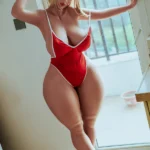 162cm 5ft4 Short Golden Fur Extremely Obese Woman With Red Dress